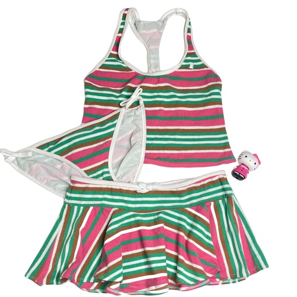 new OG Juicy ❤︎ 3PC Terry Swim Set ❤︎ Tank Bikini + Skirt ❤︎ Pink Green Stripe - Picture 15 of 16